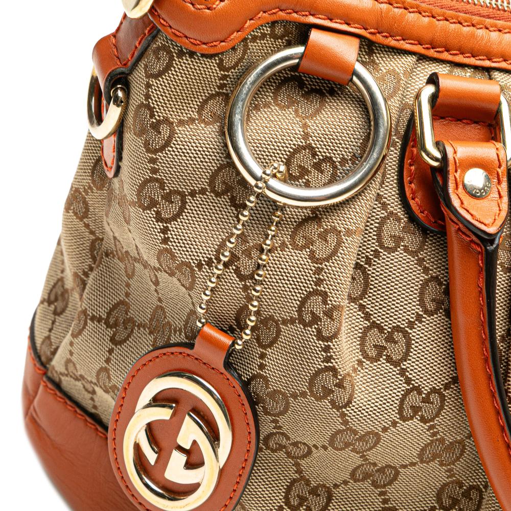 Gucci B Gucci Brown Beige with Orange Canvas Fabric GG Sukey Satchel Italy