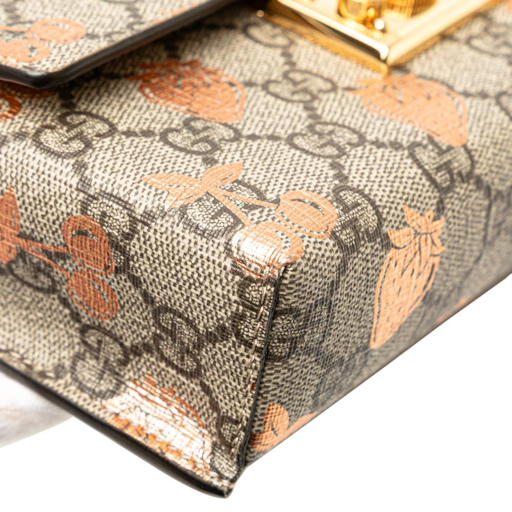 Gucci AB Gucci Brown Beige with White Coated Canvas Fabric Mini GG Supreme Berry Padlock Satchel Italy