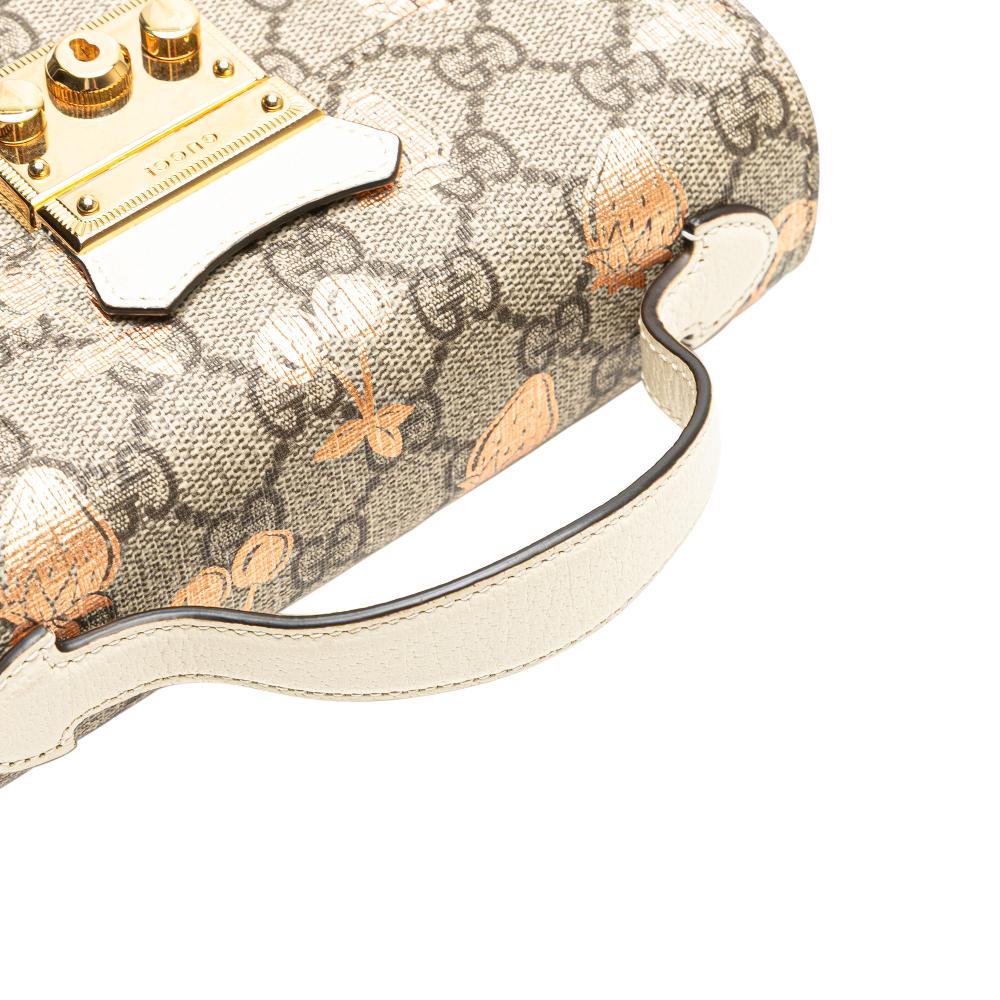 Gucci AB Gucci Brown Beige with White Coated Canvas Fabric Mini GG Supreme Berry Padlock Satchel Italy
