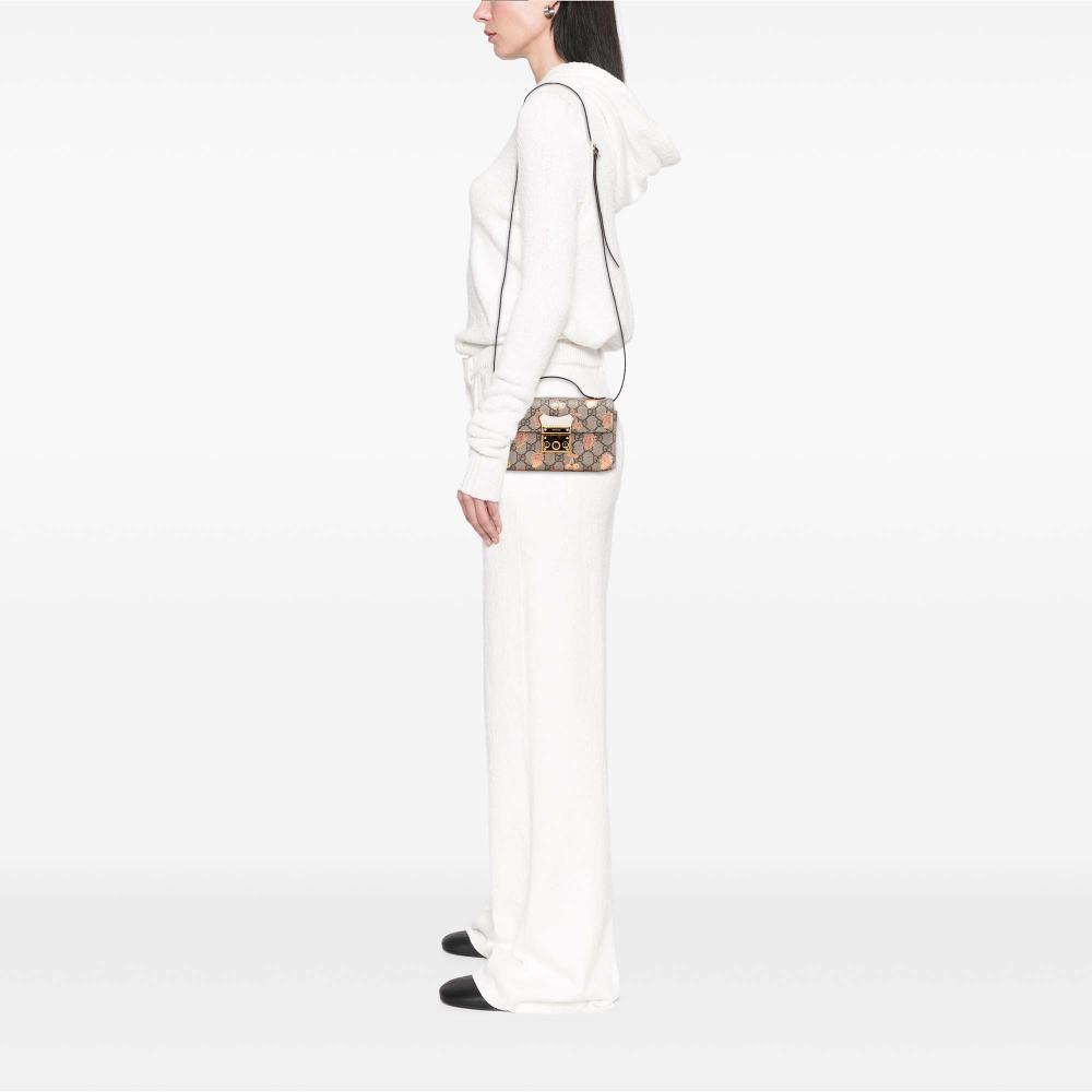 Gucci AB Gucci Brown Beige with White Coated Canvas Fabric Mini GG Supreme Berry Padlock Satchel Italy