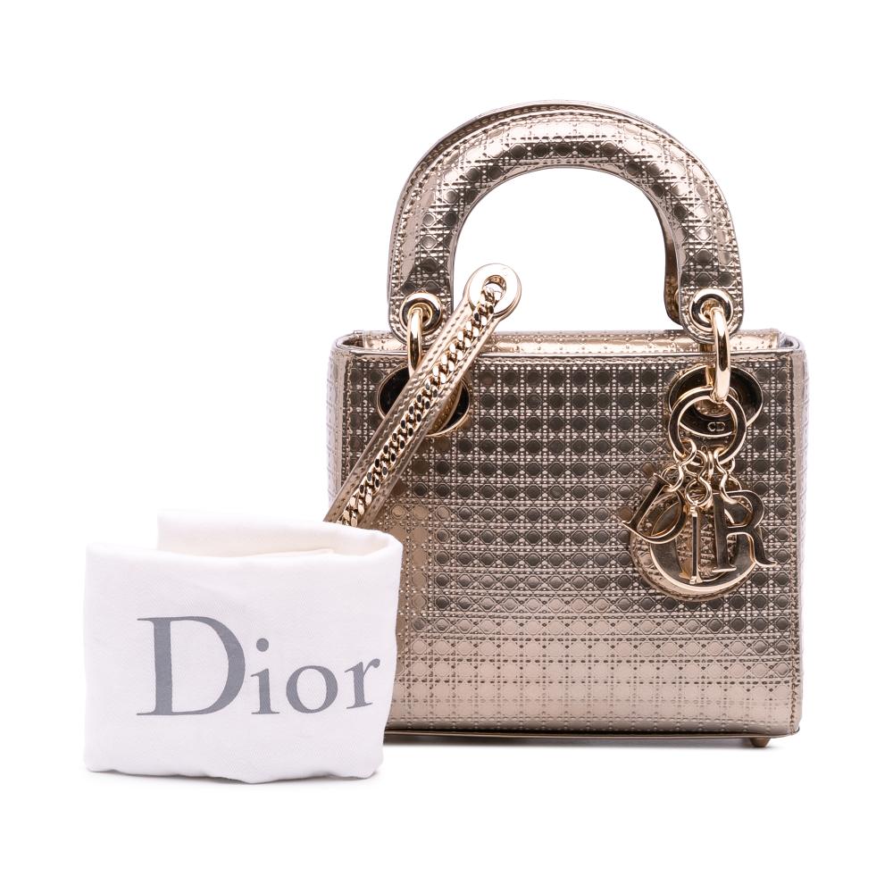 Christian Dior AB Dior Gold Light Gold Patent Leather Leather Mini Metallic Patent Microcannage Lady Dior Italy