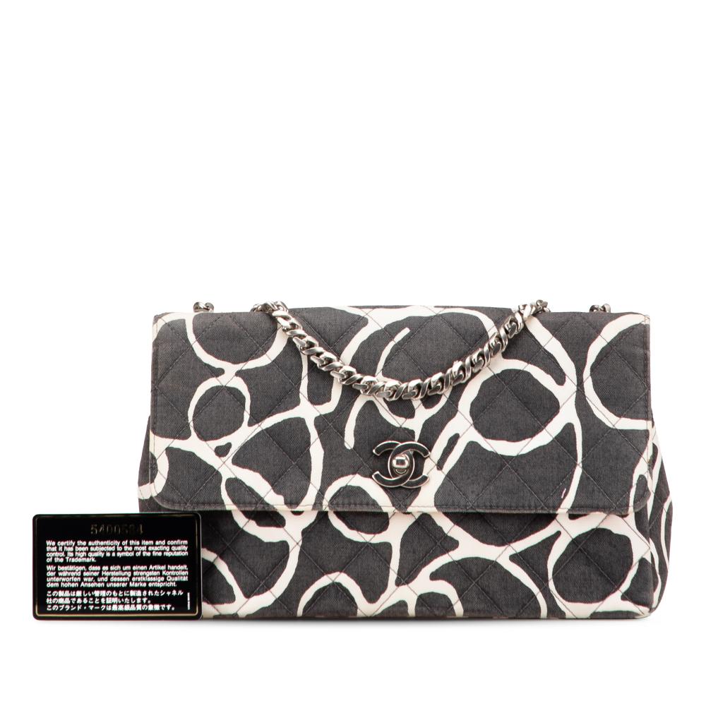 Chanel B Chanel Black with White Off White Canvas Fabric Medium CC Quilted Printed Single Flap France