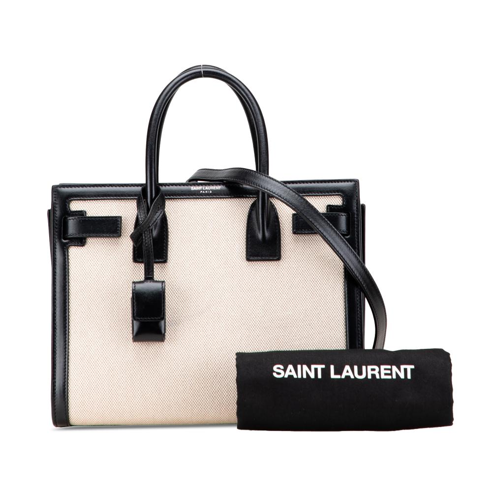 Saint Laurent B Saint Laurent White Ivory with Black Canvas Fabric Baby Sac De Jour Satchel Italy