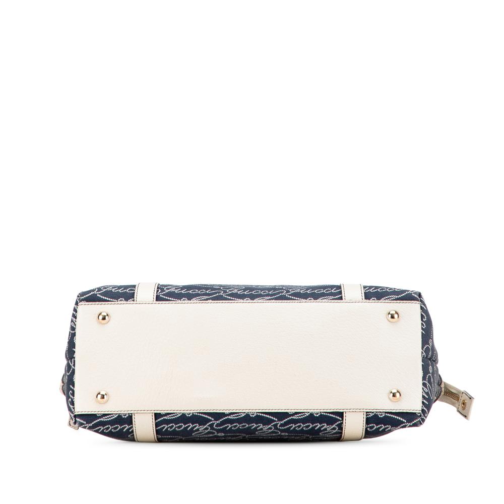 Gucci B Gucci Blue Dark Blue with White Canvas Fabric 85th Anniversary Logo Abbey D Ring Tote Italy