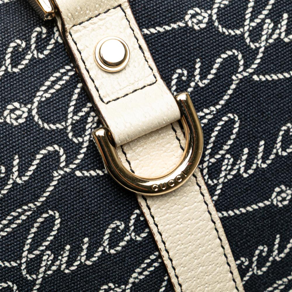 Gucci B Gucci Blue Dark Blue with White Canvas Fabric 85th Anniversary Logo Abbey D Ring Tote Italy