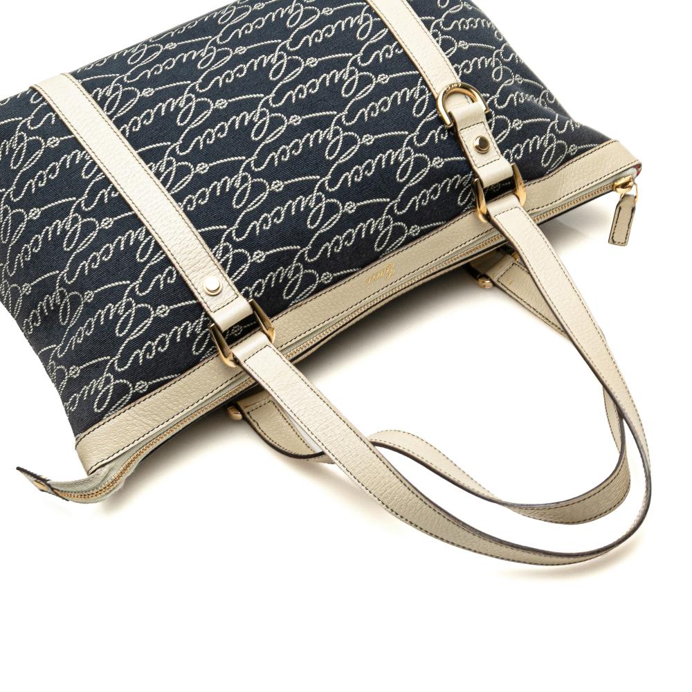 Gucci B Gucci Blue Dark Blue with White Canvas Fabric 85th Anniversary Logo Abbey D Ring Tote Italy