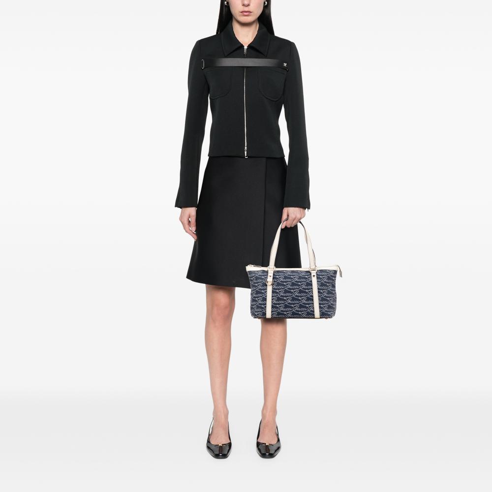 Gucci B Gucci Blue Dark Blue with White Canvas Fabric 85th Anniversary Logo Abbey D Ring Tote Italy