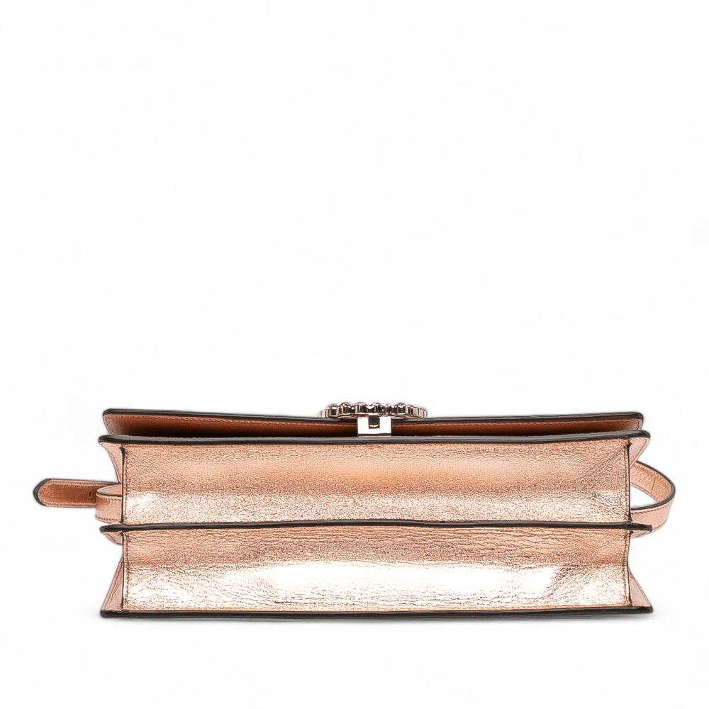 Gucci B Gucci Pink Rose Gold Calf Leather Metallic Crystal Embellished Broadway Clutch on Strap Italy