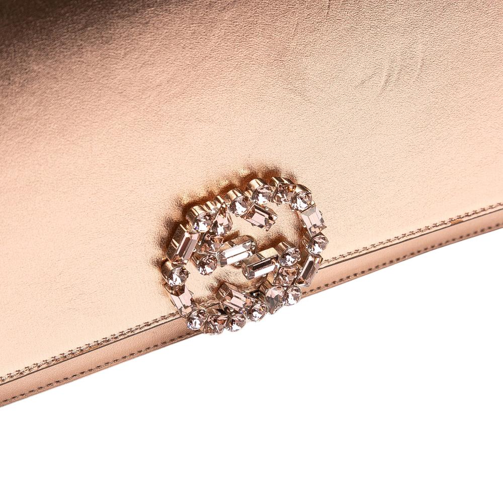 Gucci B Gucci Pink Rose Gold Calf Leather Metallic Crystal Embellished Broadway Clutch on Strap Italy