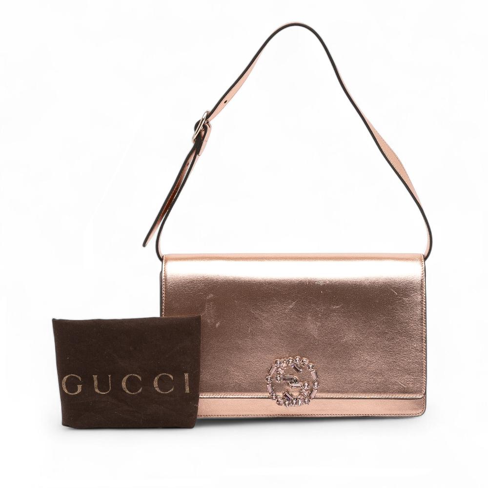 Gucci B Gucci Pink Rose Gold Calf Leather Metallic Crystal Embellished Broadway Clutch on Strap Italy