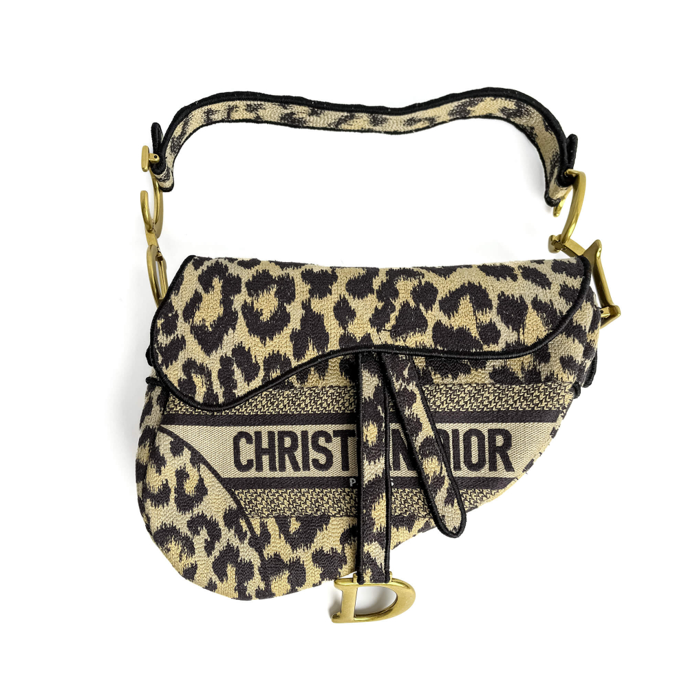Christian Dior Saddle Canvas Saddle Handbag No Strap Black Mizza Embroidery Animal Print