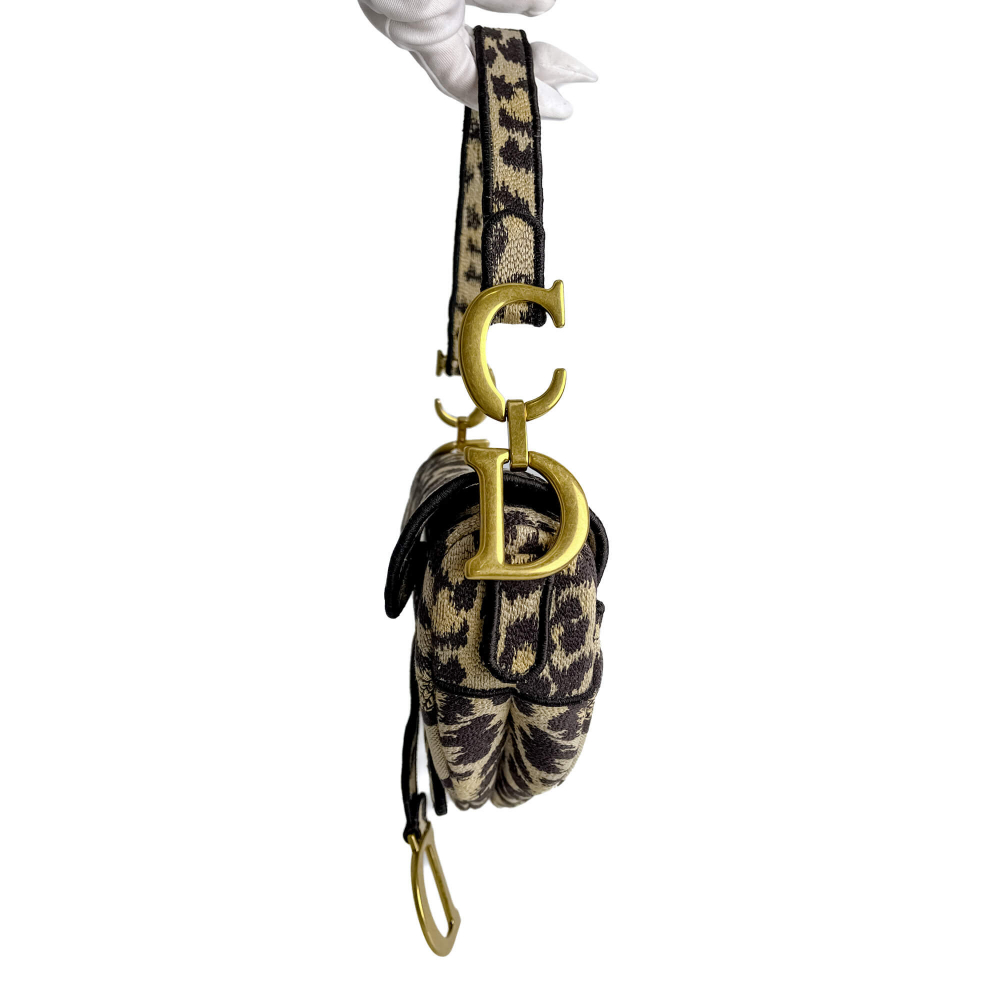 Christian Dior Saddle Canvas Saddle Handbag No Strap Black Mizza Embroidery Animal Print