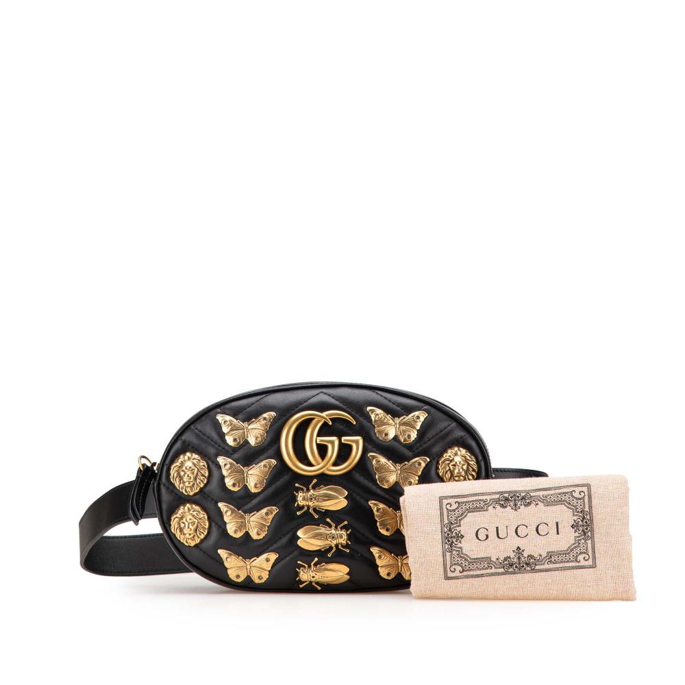 Gucci B Gucci Black Calf Leather GG Marmont Matelasse Animalier Belt Bag Italy