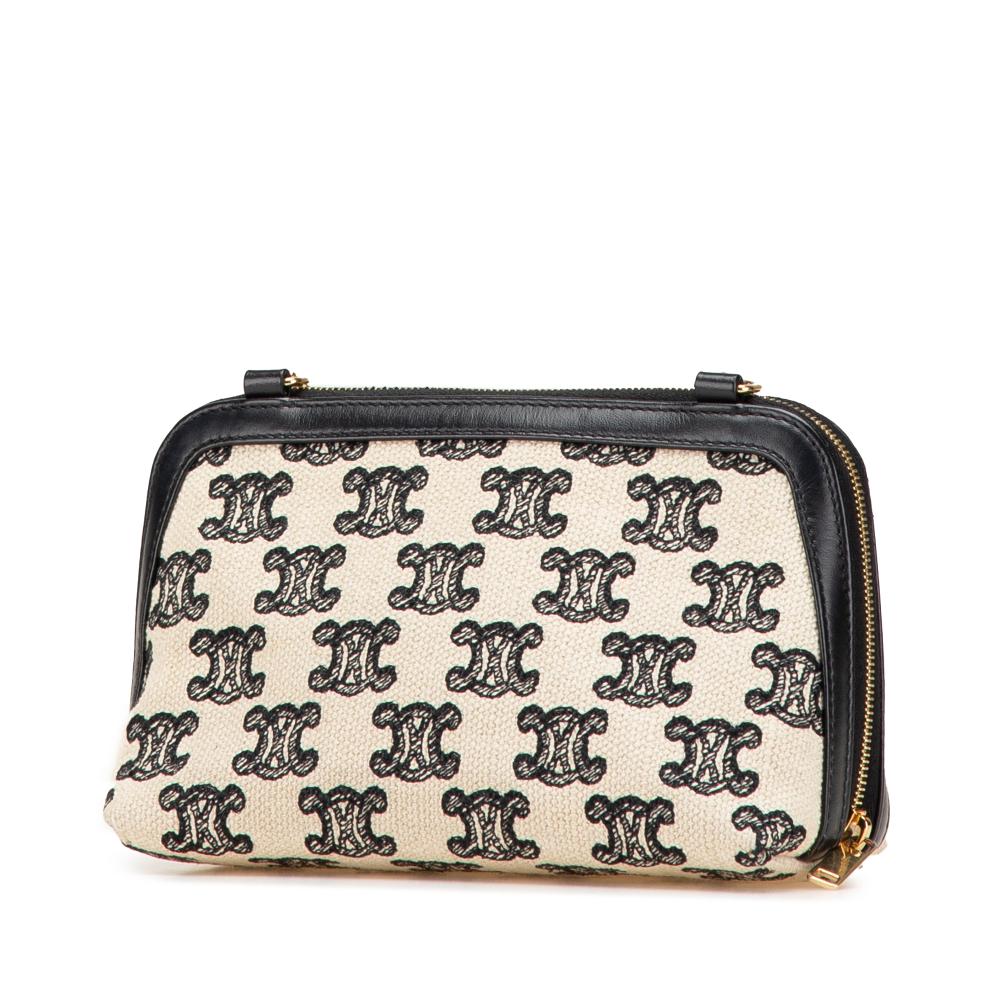 Celine B Celine Brown Light Beige with Black Canvas Fabric Triomphe Emroidered Clutch On Chain Italy