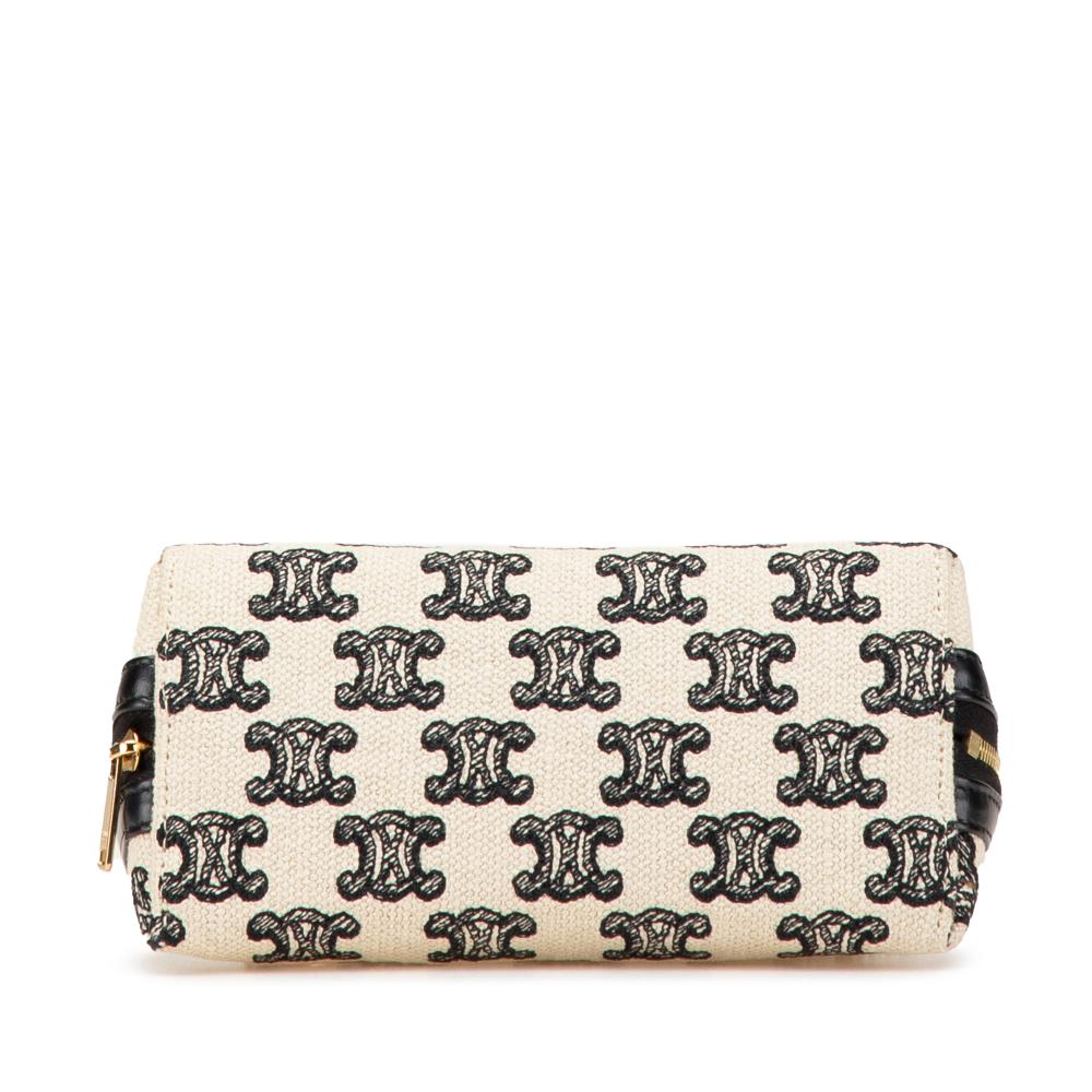 Celine B Celine Brown Light Beige with Black Canvas Fabric Triomphe Emroidered Clutch On Chain Italy