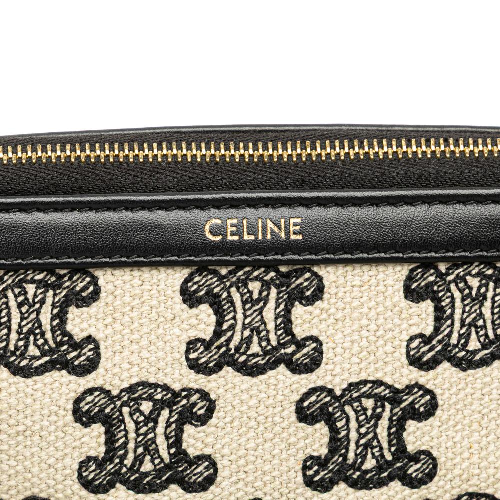 Celine B Celine Brown Light Beige with Black Canvas Fabric Triomphe Emroidered Clutch On Chain Italy