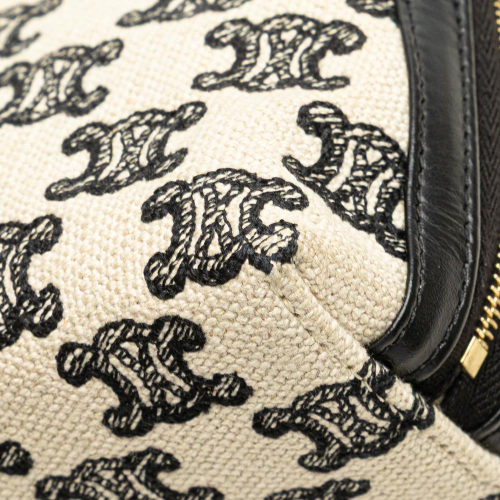 Celine B Celine Brown Light Beige with Black Canvas Fabric Triomphe Emroidered Clutch On Chain Italy