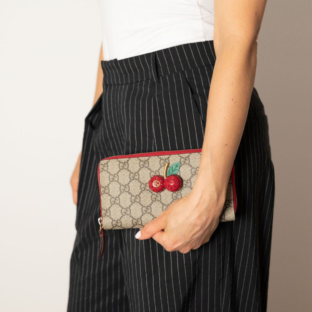 Gucci Cherry Canvas Long Zip Around Wallet GG Supreme