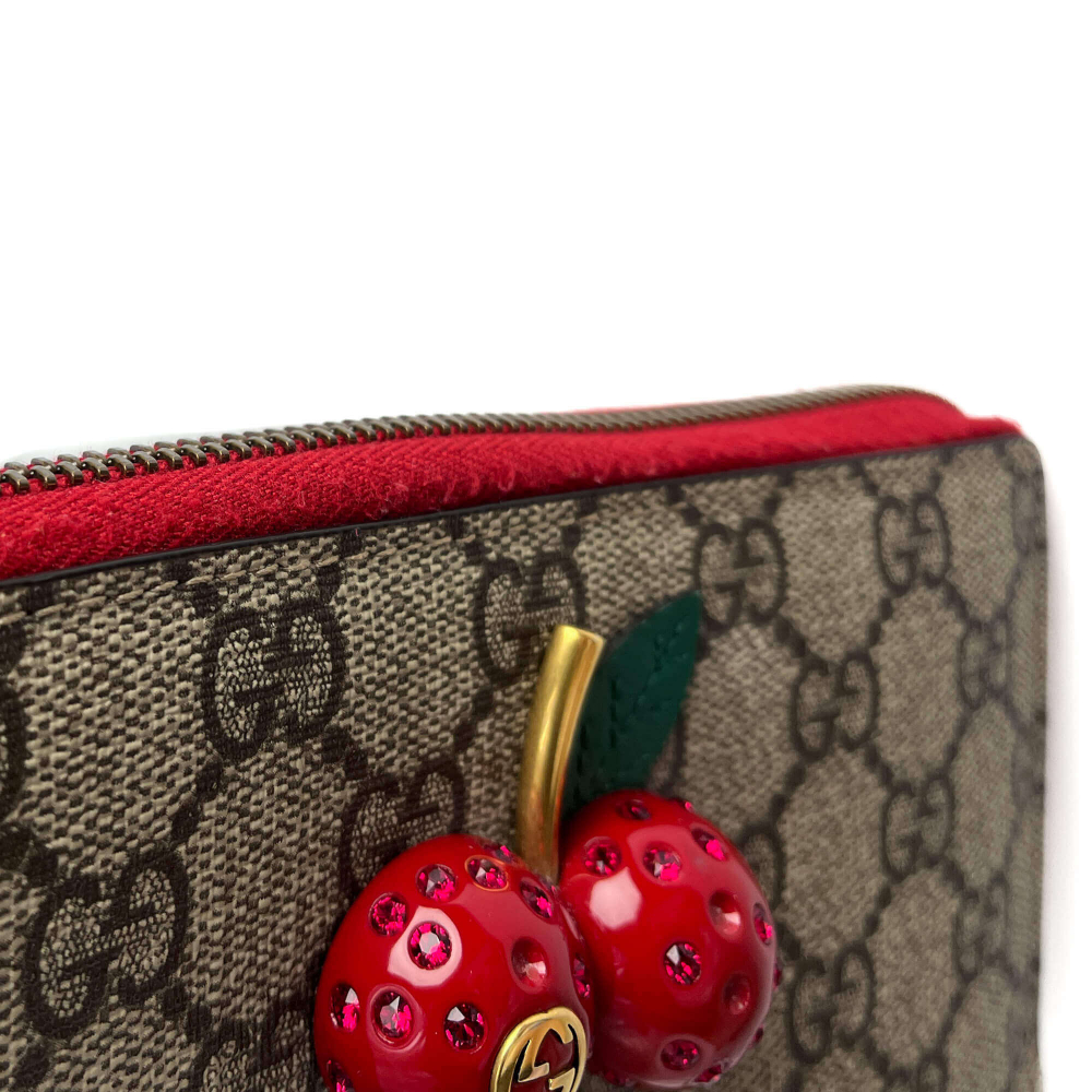 Gucci Cherry Canvas Long Zip Around Wallet GG Supreme