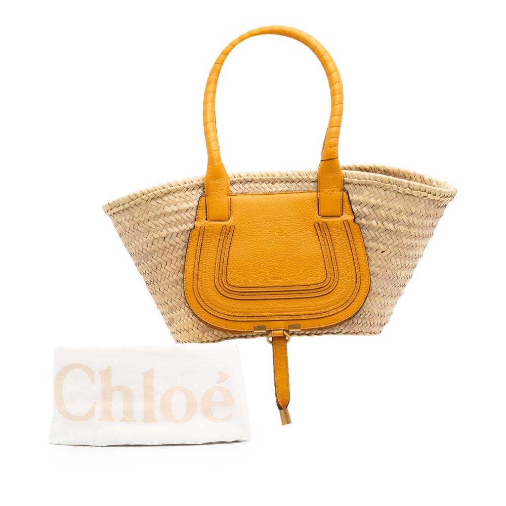 Chloé B Chloé Brown Beige with Yellow Mustard Raffia Natural Material Medium Marcie Basket Tote Spain