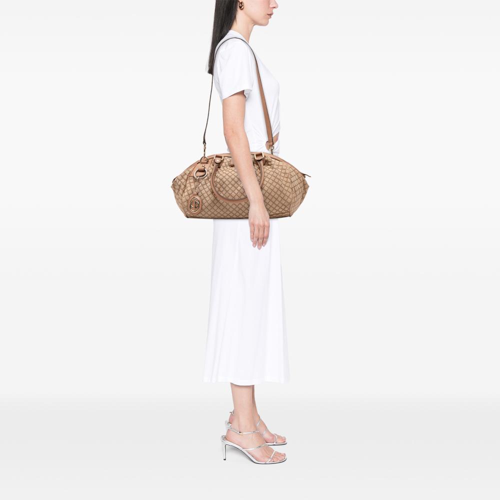 Gucci B Gucci Brown Beige Canvas Fabric Diamante Sukey Satchel Italy