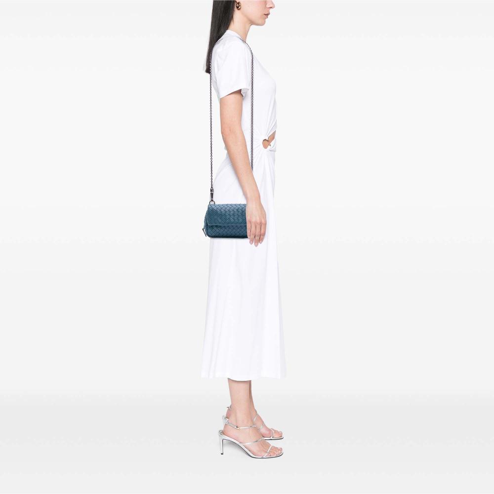 Bottega Veneta B Bottega Veneta Blue Nappa Leather Leather Mini Nappa Intrecciato Expandable Chain Crossbody Italy