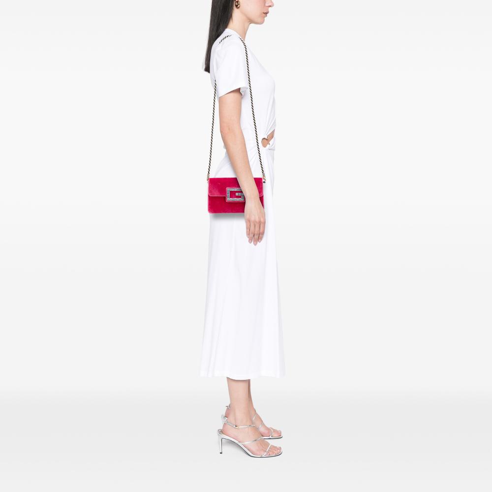 Gucci B Gucci Pink Dark Pink Velvet Fabric Crystal GG Broadway Crossbody Italy