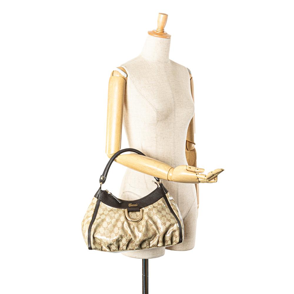 Gucci AB Gucci Brown Beige Coated Canvas Fabric GG Crystal Abbey D Ring Shoulder Bag Italy