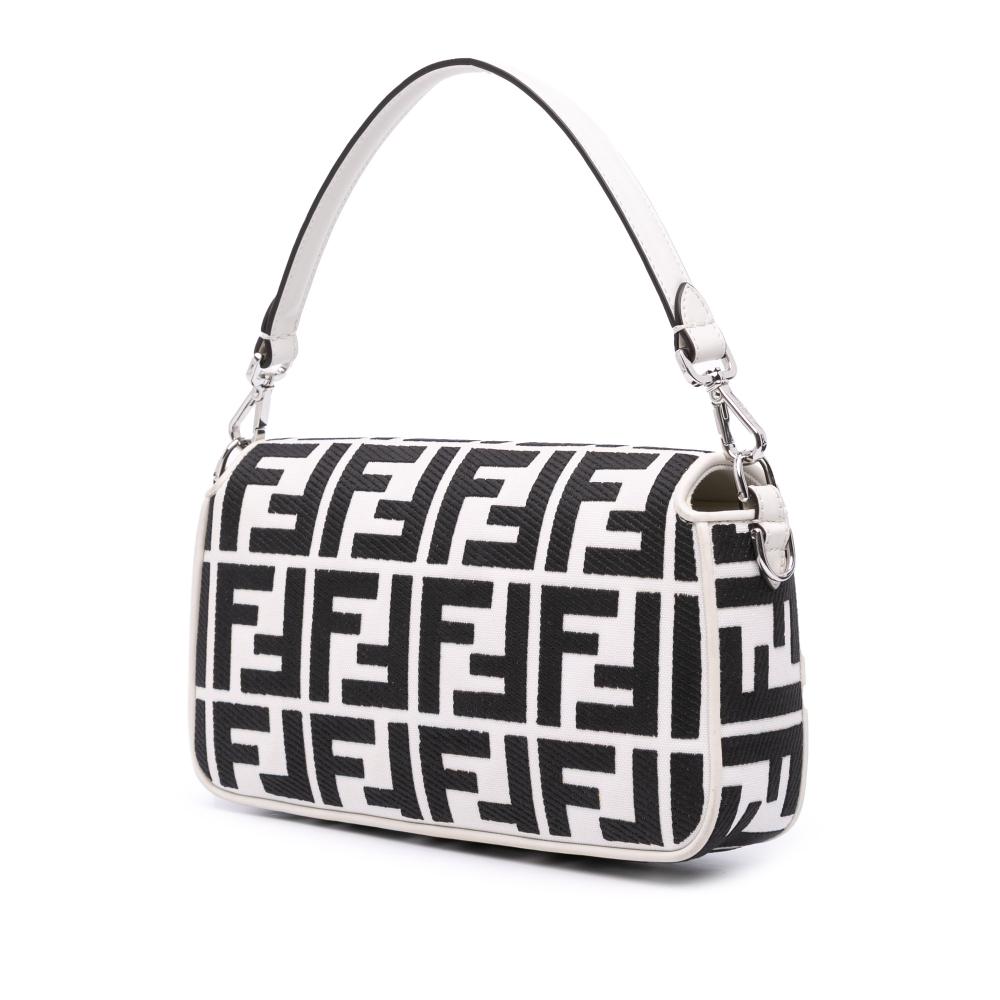 Fendi B Fendi White with Black Canvas Fabric Zucca Embroidered Baguette Satchel Italy