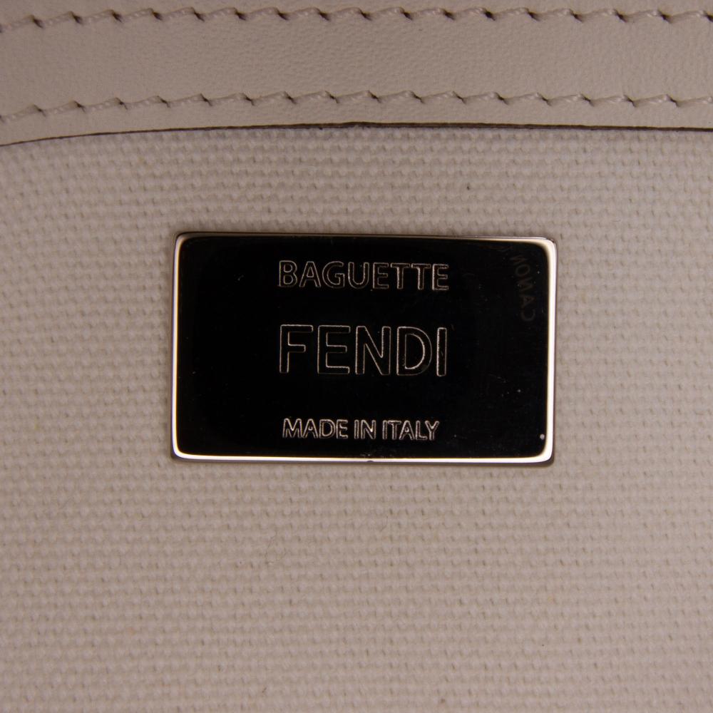 Fendi B Fendi White with Black Canvas Fabric Zucca Embroidered Baguette Satchel Italy