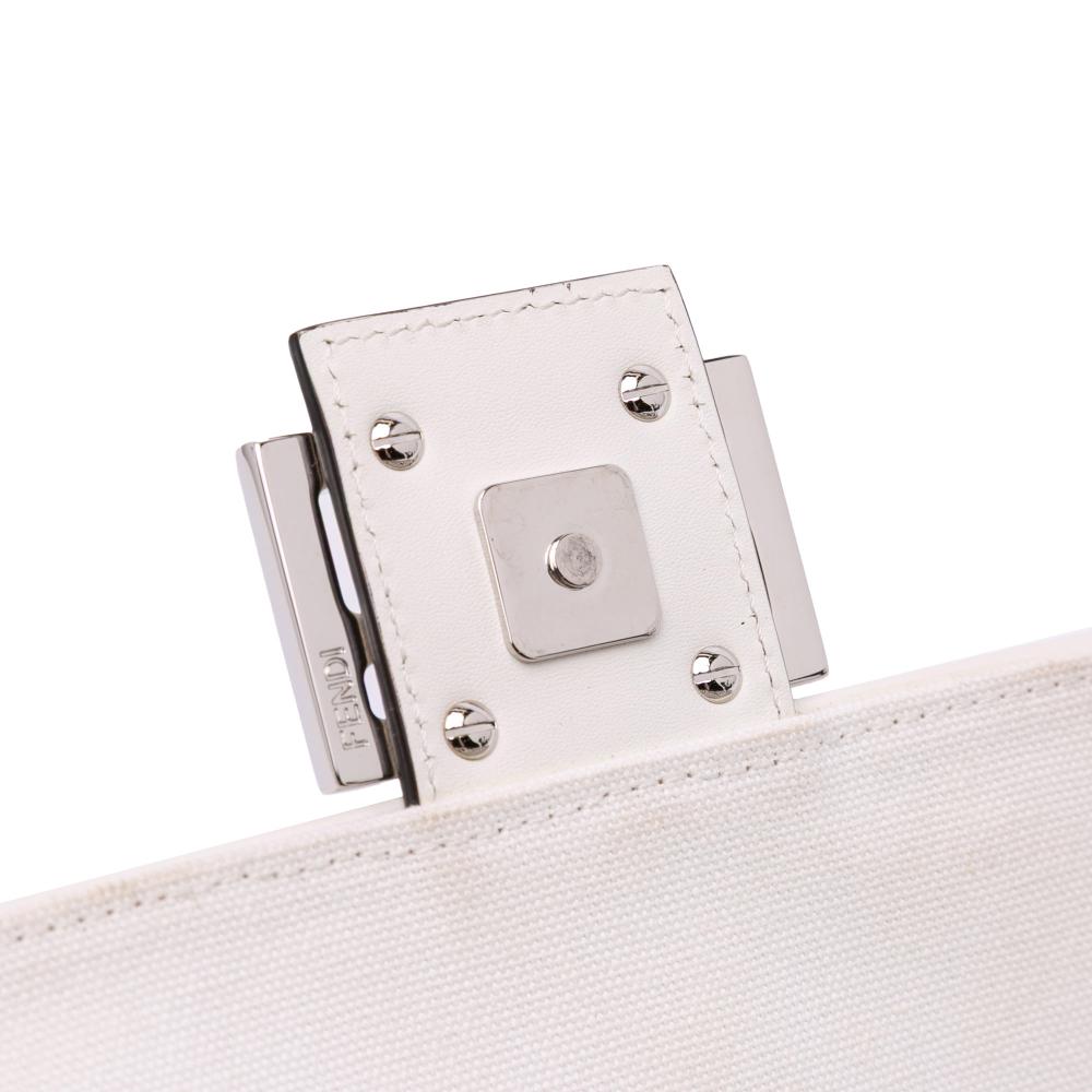 Fendi B Fendi White with Black Canvas Fabric Zucca Embroidered Baguette Satchel Italy