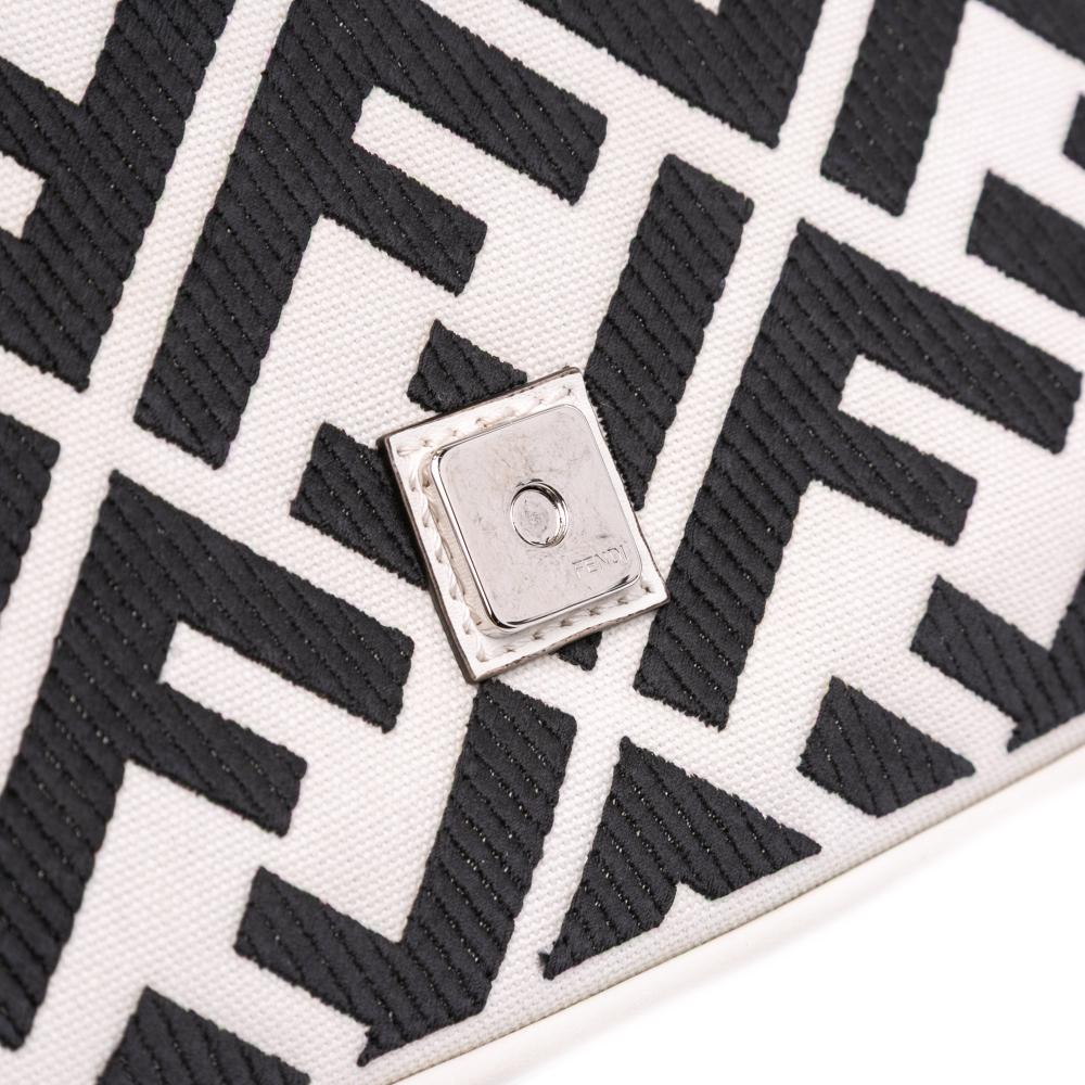 Fendi B Fendi White with Black Canvas Fabric Zucca Embroidered Baguette Satchel Italy