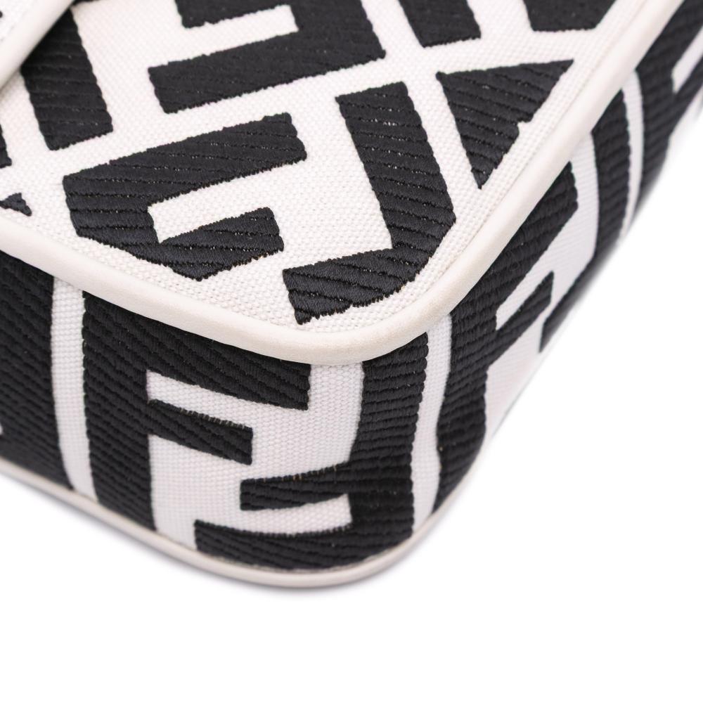 Fendi B Fendi White with Black Canvas Fabric Zucca Embroidered Baguette Satchel Italy