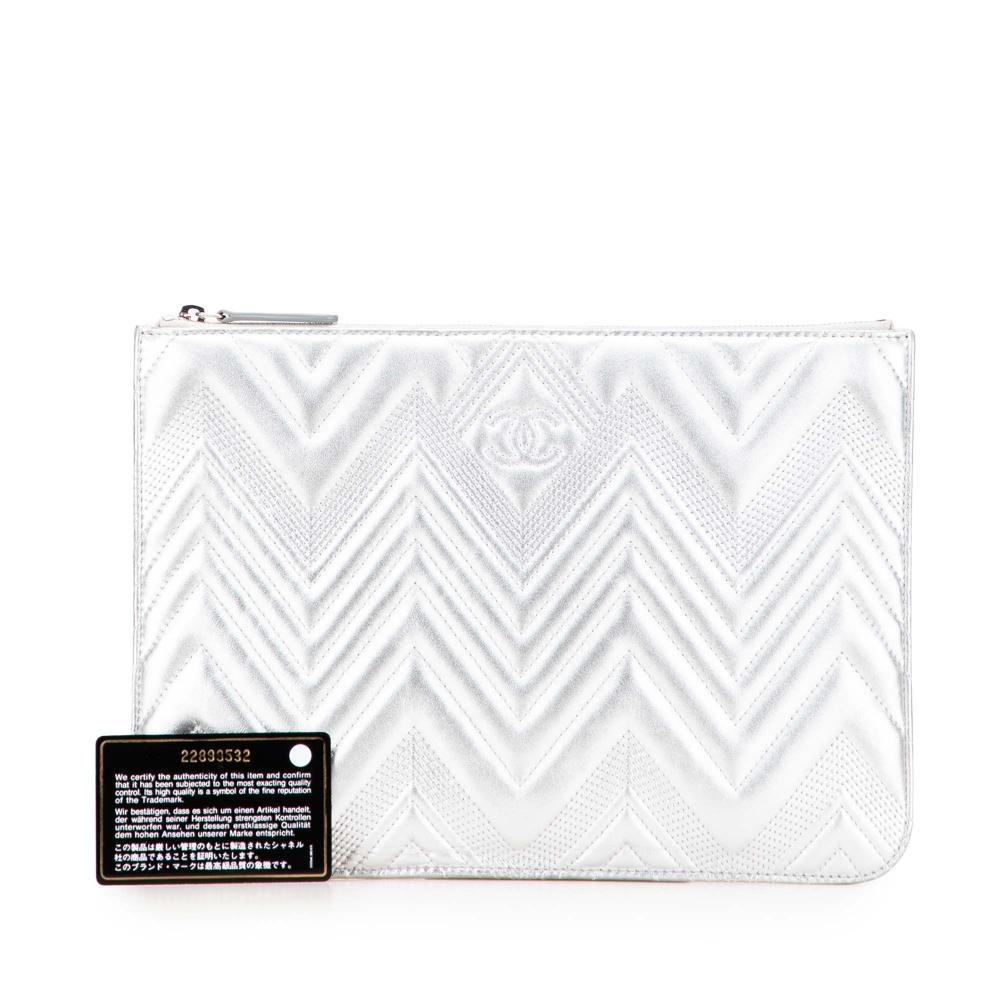 Chanel AB Chanel Silver Calf Leather Medium Metallic Chevron skin O Case Clutch Italy