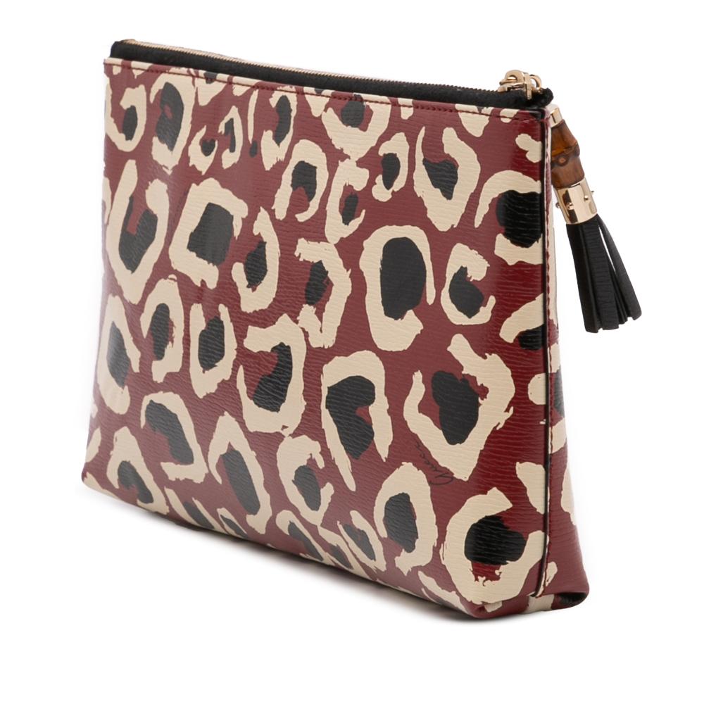 Gucci B Gucci Red Calf Leather Leopard Print Bamboo Clutch Italy