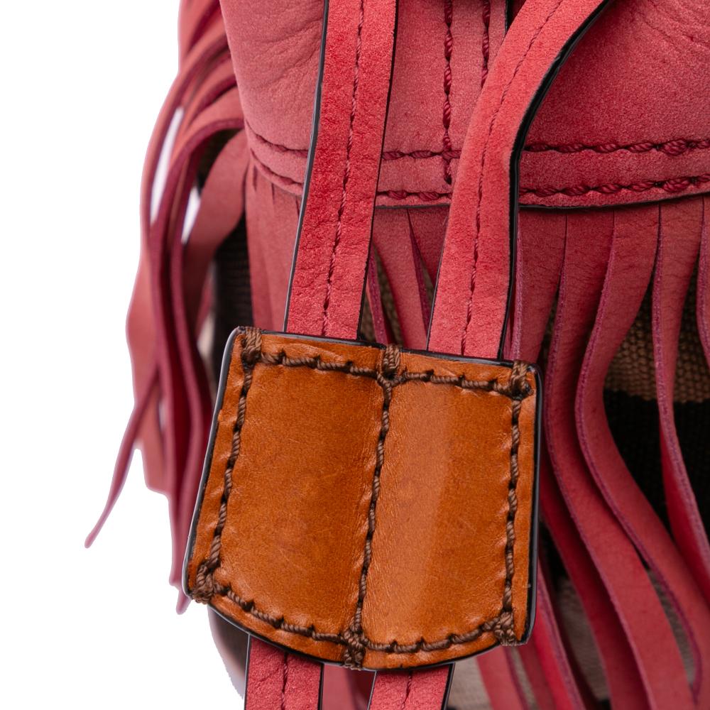 Burberry B Burberry Red Suede Leather Small Mega Check Canvas and Fringe Belgrove Bucket Bag China