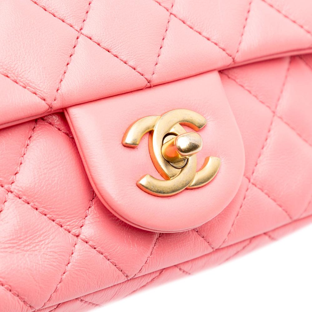Chanel Pink Lambskin Leather Leather Mini Rectangular Classic Lambskin Pearl Crush Single Flap Italy