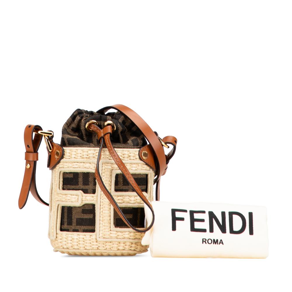 Fendi AB Fendi Brown Straw Natural Material Nano Zucca and Canvas Step Out Bag Italy