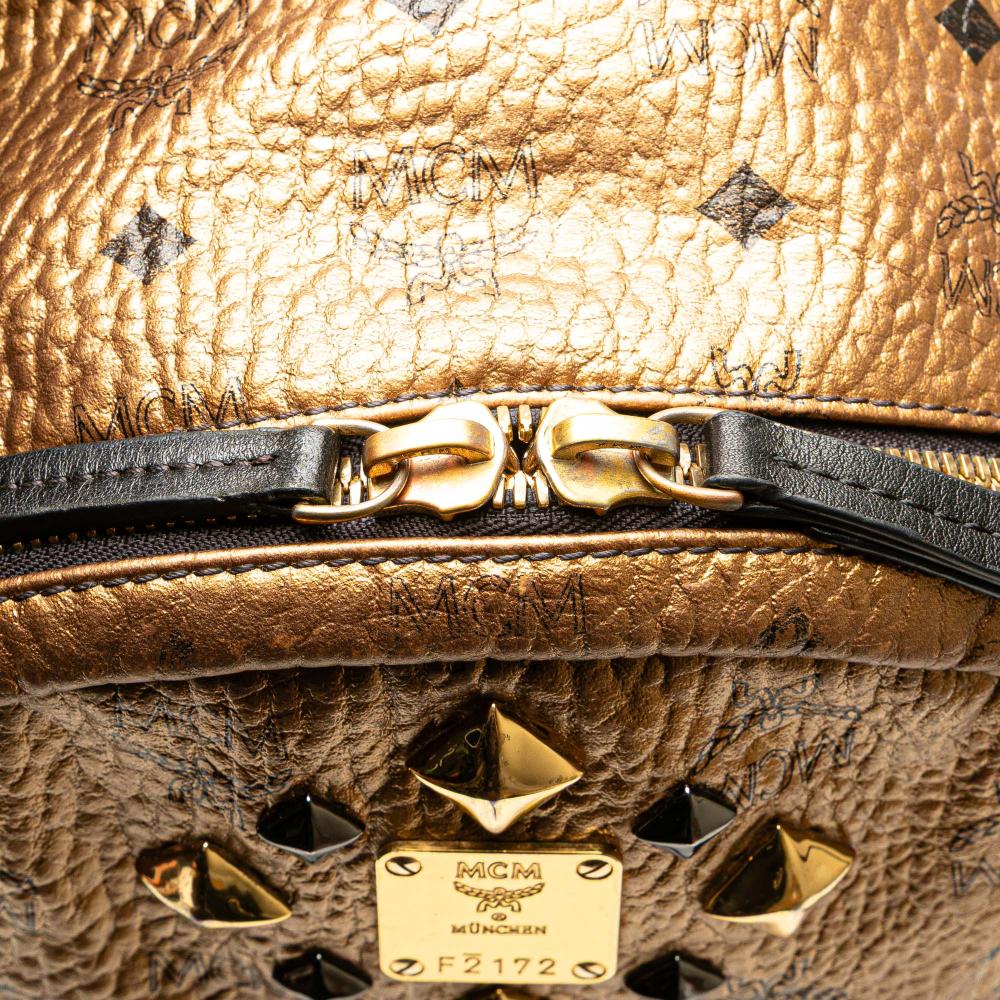 MCM B MCM Gold Coated Canvas Fabric Small Visetos Metallic Studded Stark Backpack Korea, South