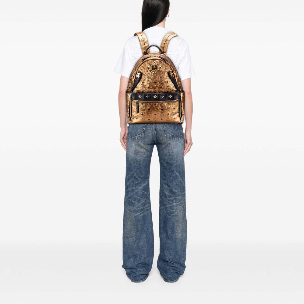 MCM B MCM Gold Coated Canvas Fabric Small Visetos Metallic Studded Stark Backpack Korea, South