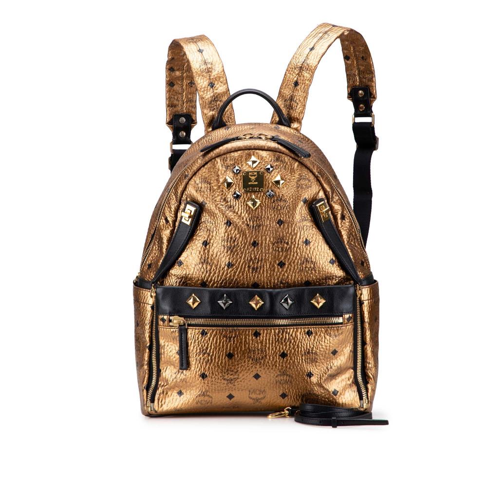 MCM B MCM Gold Coated Canvas Fabric Small Visetos Metallic Studded Stark Backpack Korea, South