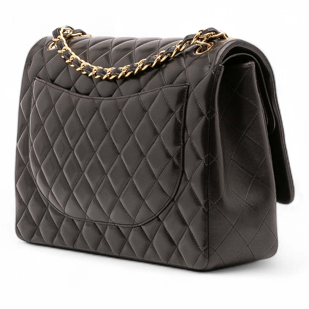 Chanel Classic Double Flap Maxi Lambskin Leather Chevron Shoulder Bag Black