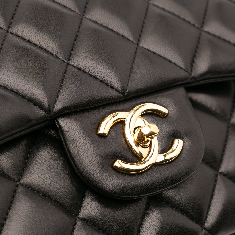 Chanel Classic Double Flap Maxi Lambskin Leather Chevron Shoulder Bag Black