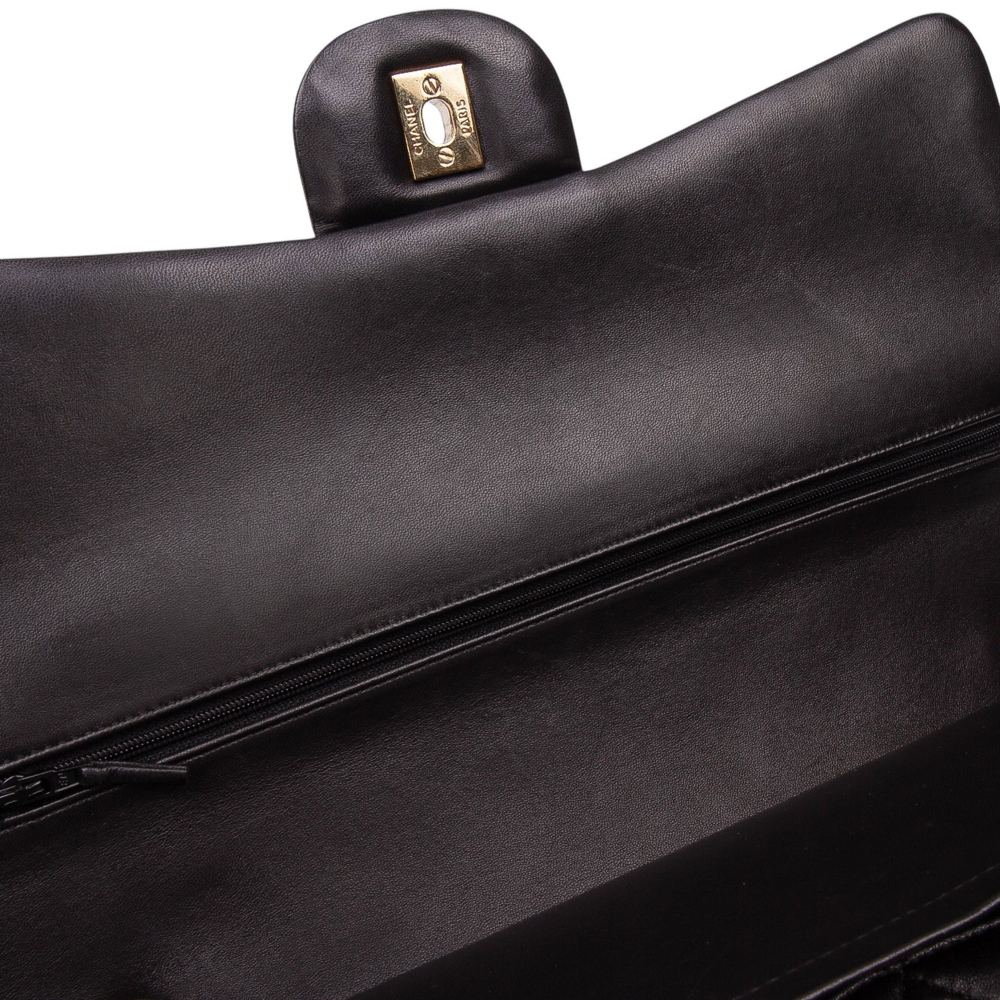 Chanel Classic Double Flap Maxi Lambskin Leather Chevron Shoulder Bag Black