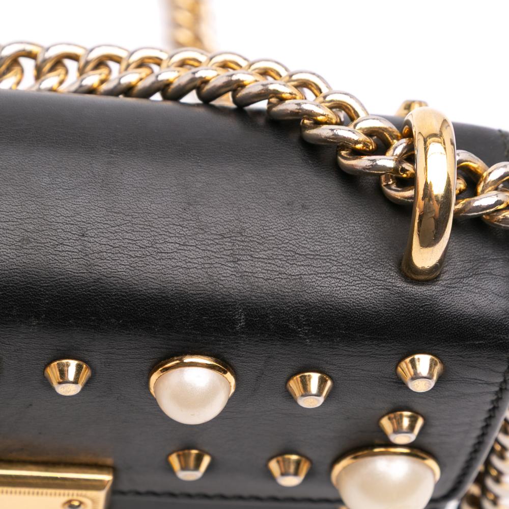 Gucci B Gucci Black Calf Leather Small Pearl Studded Padlock Crossbody Italy
