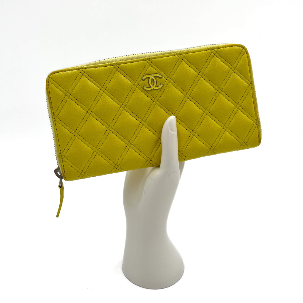 Chanel Long Zip Around Wallet Quilted Lambskin Leather Yellow