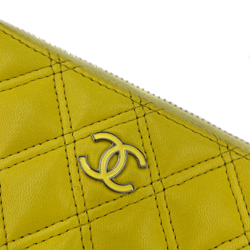 Chanel Long Zip Around Wallet Quilted Lambskin Leather Yellow