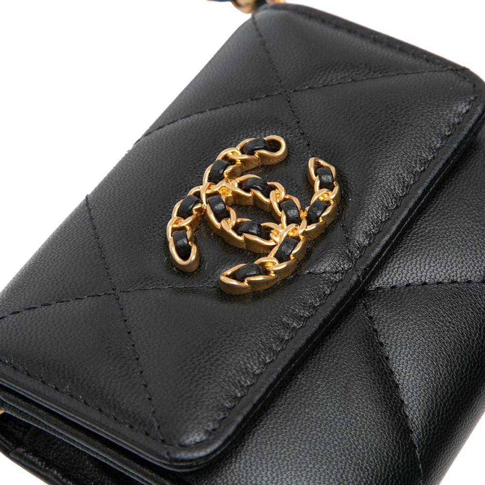 Chanel AB Chanel Black Lambskin Leather Leather Quilted Lambskin 19 Flap Coin Purse With Chain Italy