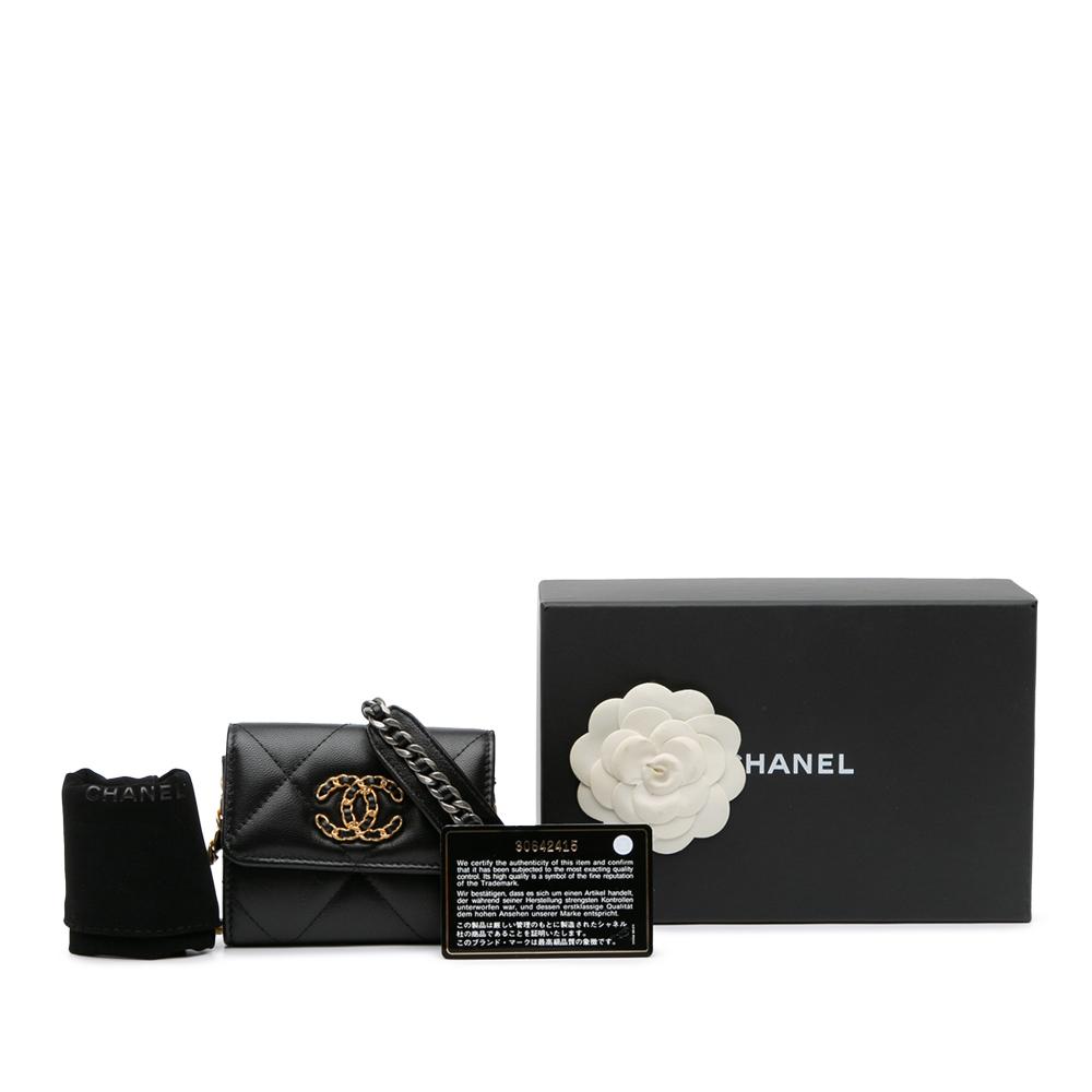Chanel AB Chanel Black Lambskin Leather Leather Quilted Lambskin 19 Flap Coin Purse With Chain Italy