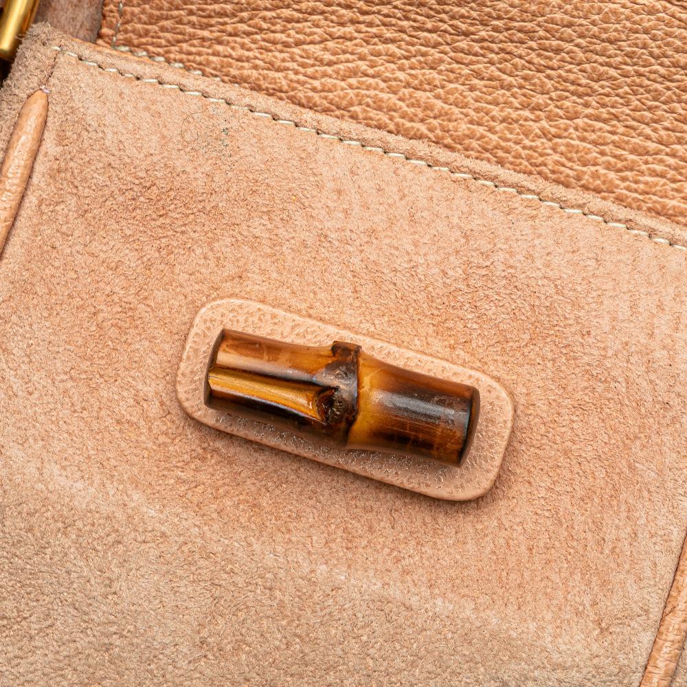 Gucci B Gucci Brown Beige Suede Leather Bamboo Backpack Italy